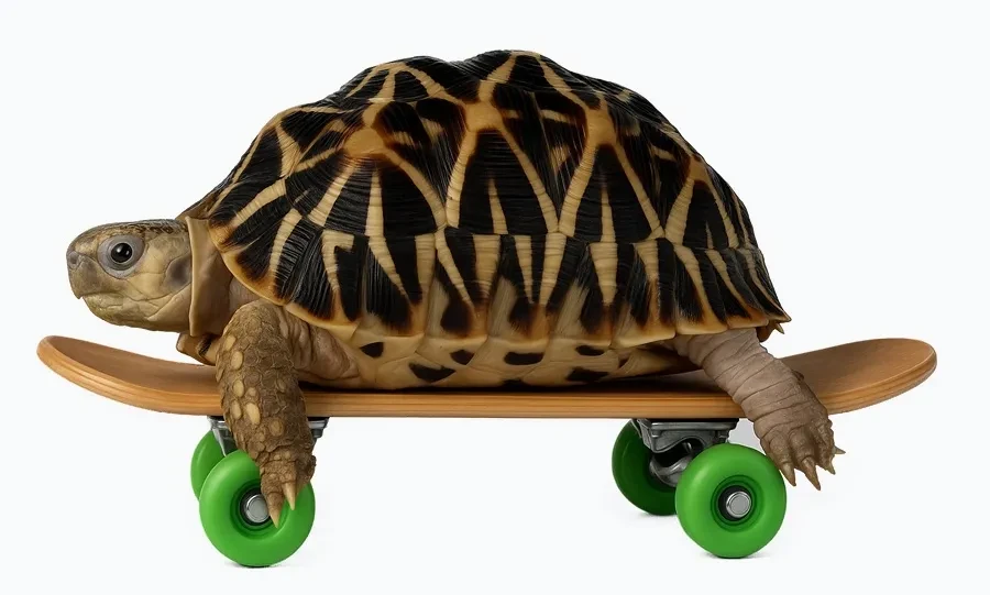 Tortoise riding a skateboard on a mustard-yellow backdrop